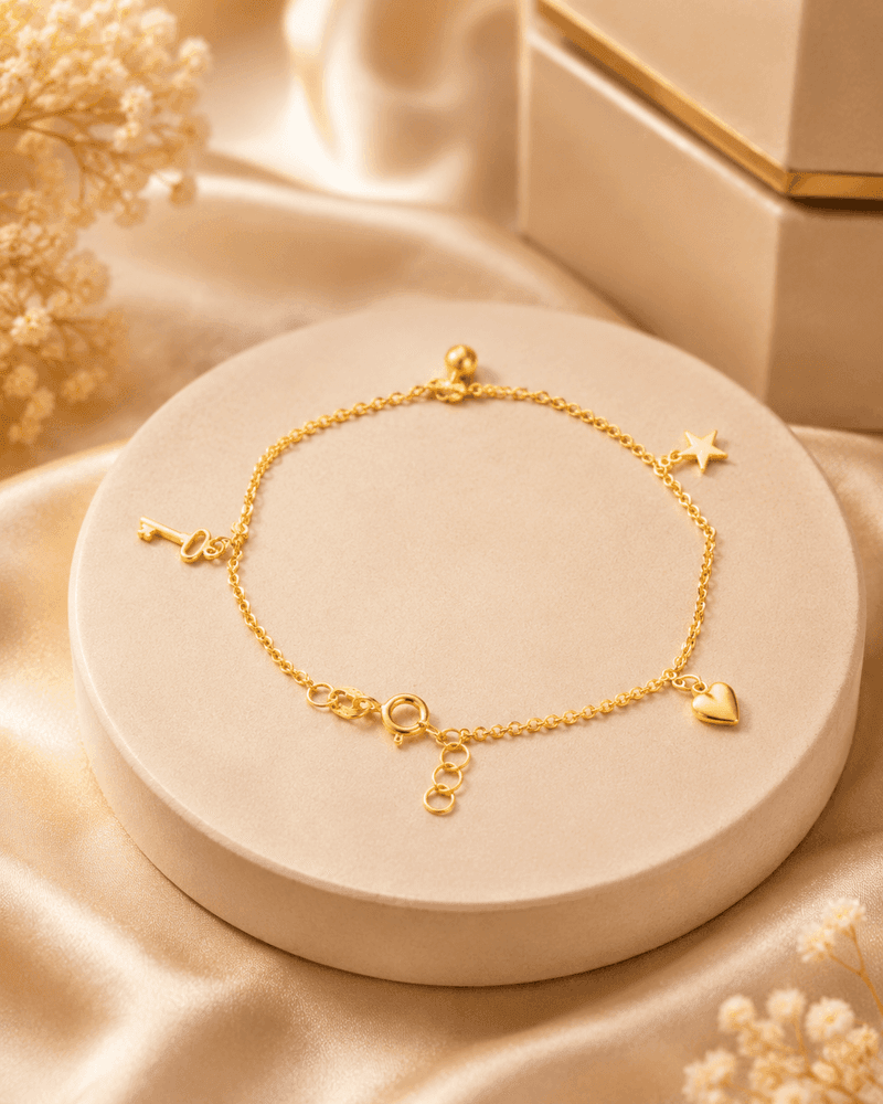 Lắc Tay Vàng Charm Ngôi Sao & Trái Tim – Nguyện Ước — Vàng tây 10K